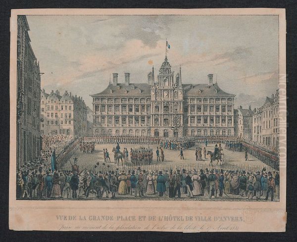 Zicht op de Grote Markt en het Stadhuis van Antwerpen toen de Vrijheidsboom geplant werd op 17 april 1831 - view 1