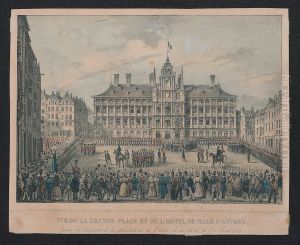 Zicht op de Grote Markt en het Stadhuis van Antwerpen toen de Vrijheidsboom geplant werd op 17 april 1831