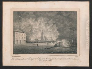 Zicht op het stapelhuis van Antwerpen vanuit de haven, na het bombardement van 27 oktober 1830.