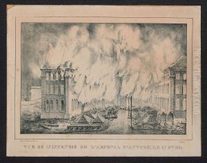 Zicht op de brand van het arsenaal van Antwerpen op 27 oktober 1830.