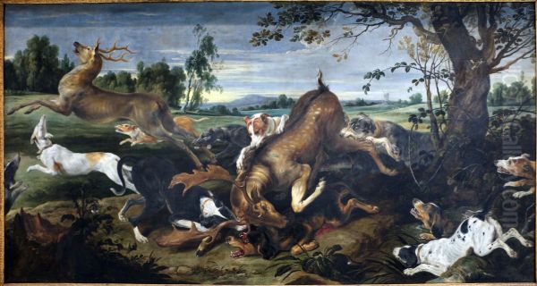 Dogs attacking two fallow deers - view 1