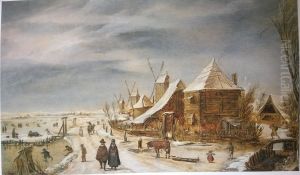 winter landscape with mills by Esaias Van De Velde