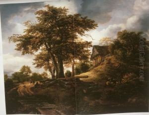 Wooded landscape with a house at a country road, in the foreground a bidge by Jacob Van Ruisdael