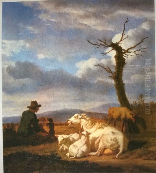 Landscape with sheep and sheperd - view 1