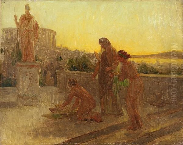 Antike Opferszene Mit Vestalin Bei Sonnenuntergang - view 1