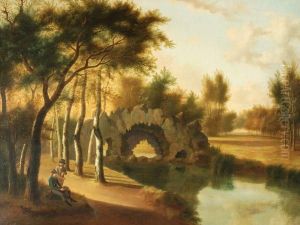 A Wooded River Landscape Withtwo Gentlemen Resting by Constance M. Blondel Charpentier