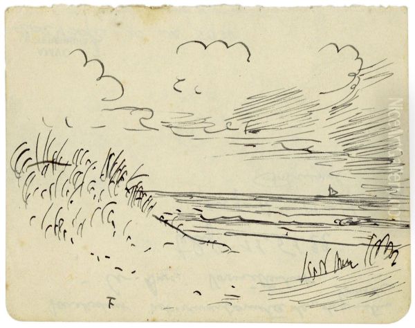 zeezicht met duin, strand en bootje - view 1