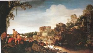 Arcadisch landschap met ruines en koeherders