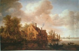 Rivierlandschap met huizen op linkeroever by Jan van Goyen