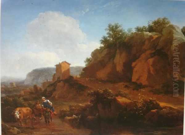 Zuidelijk landschap met boeren en vee bij een waterplaats - view 1