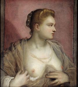 Portrait of a woman with bare breast by Domenico Tintoretto