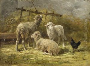 Three Sheep In A Barn by Albert Charpin