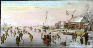 Winterlandscape with figures skating and playing kolf on the ice near a cottage by Hendrick Avercamp