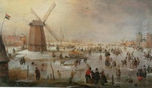 Ic skaters near a great mill near city-walls by Hendrick Avercamp