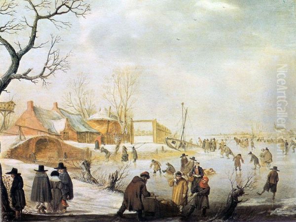 Winter Landscape with Skaters and Stone bridge - view 1
