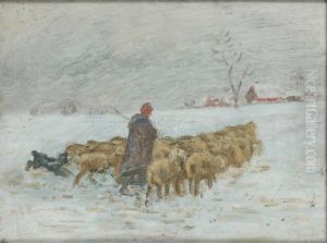Berger Et Troupeau Sous La Neige by Albert Charpin