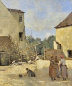 Three peasant girls chatting in a rustic courtyard by Jean-Baptiste Camille Corot