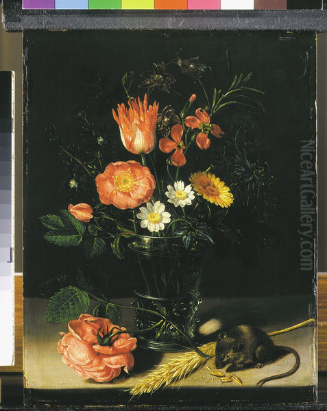 Flowers in a glass beaker, with a mouse and an ear of corn , on a stone ledge - view 1