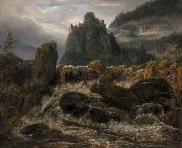 Waterfall with a Castle Ruin - view 1