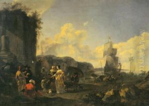 Merchant Ships on a mediterranian Coast with a Slave Market by Nicolaes Pieterszoon Berchem