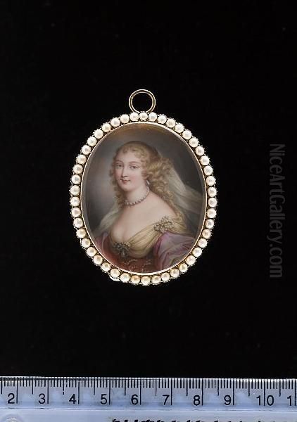 A Lady, Wearing Pink Dress With Voluminous Sleeves And Gold Kerchief Both With Elaborate Pearl Decoration, Pearls Also Adorn Her Neck And Ear, Veil Worn In Her Curled Blonde Hair. - view 1