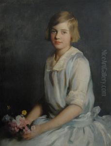Girl In Blue Dress Holding Flowers by Adelaide Cole Chase