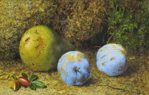 Still Life Of Two Plums, A Pear And Rosehips by Marian Emma Chase