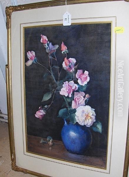 Still Life Of Roses In A Blue Jug - view 1