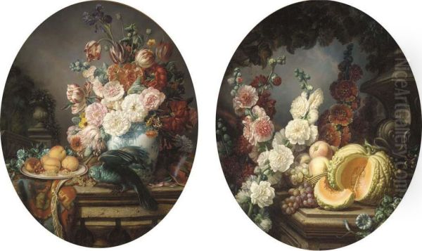A Parrot On A Ledge With A Vase Of Tulips, Roses And Other Summer Flowers Beside A Plate Of Peaches; And A Melon, Grapes And Peaches With Flowers On A Stone Ledge. - view 1