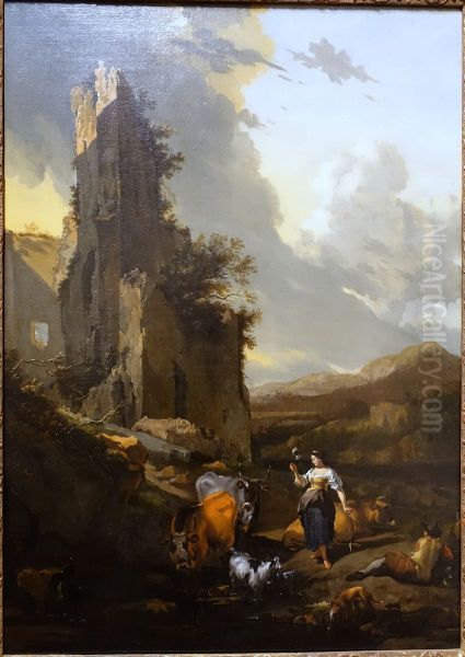 Zuidelijk landschap met spinnende vrouw en liggende herder bij een drenkplaats aan de voet van een ruine - view 1
