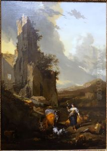 Zuidelijk landschap met spinnende vrouw en liggende herder bij een drenkplaats aan de voet van een ruine by Nicolaes Pieterszoon Berchem