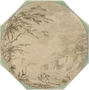 Landscape With Two Men Pulling A Boat Ashore. by Jean-Baptiste Claude Chatelain