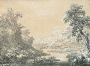 'a Mountainous River Scene', Pencil, Charcoal, Heightend With White