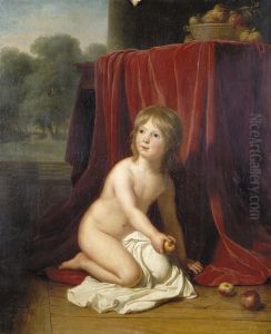 Young Girl Kneeling By A Table An Apple In Her Hand by Jeanne-Elisabeth Chaudet