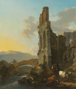 Southern landscape with shepherds near a ruin by Nicolaes Pieterszoon Berchem