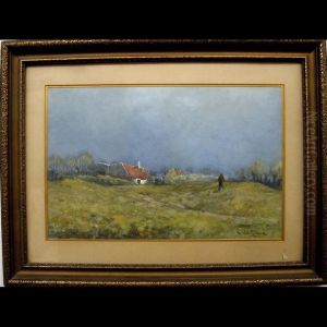 Figure Strolling By Cottages by George Chauvignaud