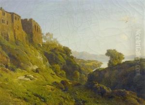 Lake View With A Ruin In The Foreground by Alfred Chavannes