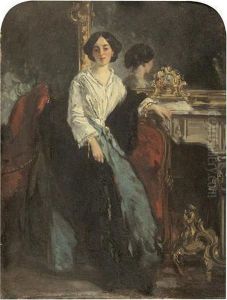 Femme Dans Un Interieur, Debout Pres De La Cheminee by Victor Joseph Chavet