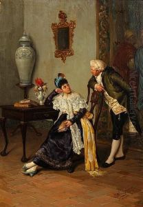 Interior Scene With Seated Lady And Gentlemanattending Her by Jose Chavez
