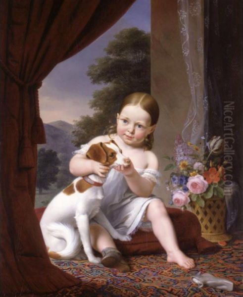 A Young Girl Seated With Her Dog, A Vase Of Flowers Next To Her And A Landscape Beyond - view 1