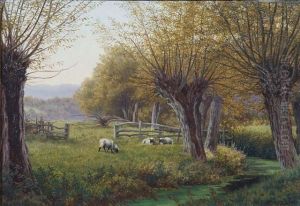 Sheep Grazing In A Wooded Landscape by Henry Cheadle