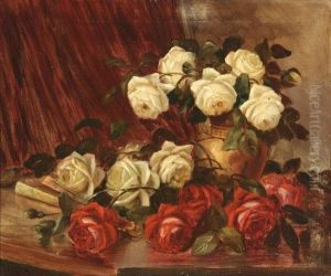 Still Life With Roses And Handfan by Felipe Checa Y Delicado