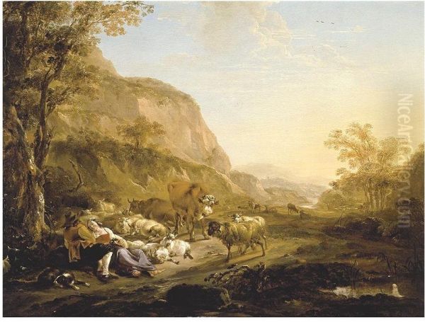 Zuidelijk landschap met minnekozend herderspaar - view 1