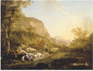 Zuidelijk landschap met minnekozend herderspaar Zuidelijk landschap met minnekozend herderspaar