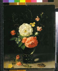 Flowers in a roemer, with a frog and a grashopper, on a stone ledge by Clara Peeters