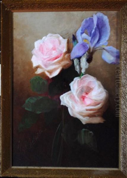 Pink Roses And An Iris - view 1