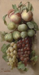 Peaches, Plums, Figs And Grapes Hanging On A Wall by Tito Chelazzi