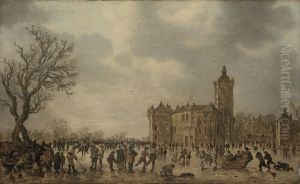 A winter landscape with figures desporting on the ice by the Castle Montfoort A winter landscape with figures desporting on the ice by the Castle Montfoort