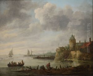 River landscape with a fortified tower