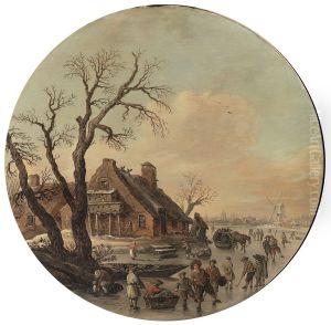 Winterlandschap met ijsvermaak op een rivier bij een boerderij Winterlandschap met ijsvermaak op een rivier bij een boerderij